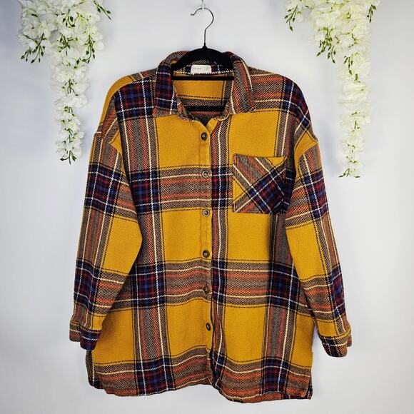 Maurices XL Mustard Plaid Shirt Flannel Shacket Oversize Fall Cozy Rustic Grunge - Picture 2 of 14